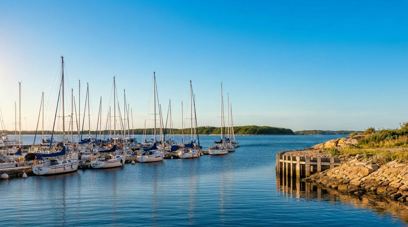 Stille morgen i Havnsø havn med fiskerbåde